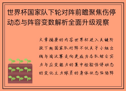 世界杯国家队下轮对阵前瞻聚焦伤停动态与阵容变数解析全面升级观察