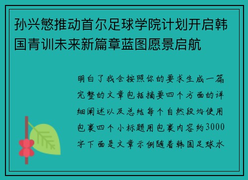孙兴慜推动首尔足球学院计划开启韩国青训未来新篇章蓝图愿景启航