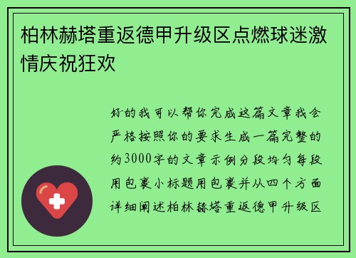 柏林赫塔重返德甲升级区点燃球迷激情庆祝狂欢